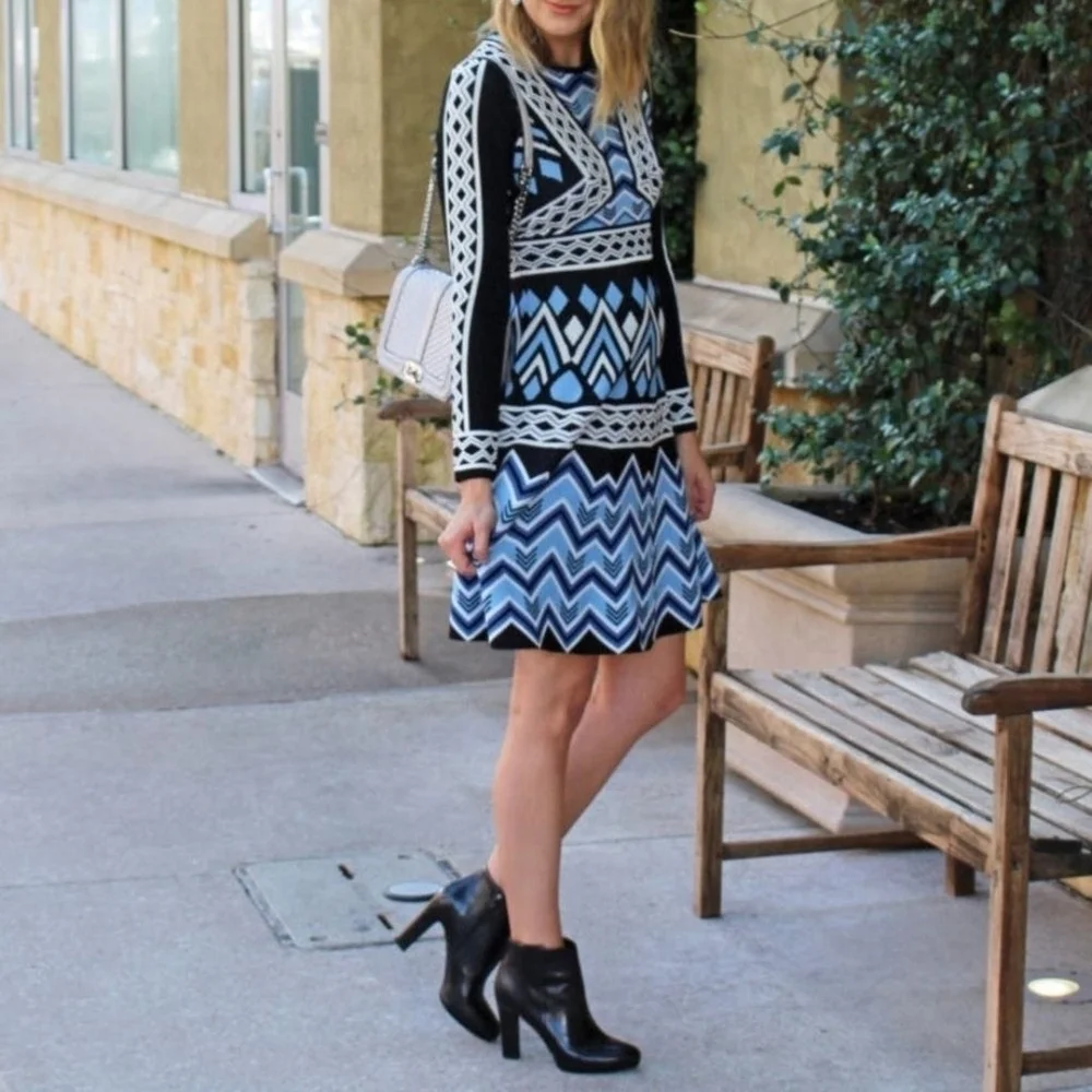 🔥ELIZA J Sweater Dress Fit Flare Long Sleeve Geometric Knee Length, Size PM - Picture 2 of 8